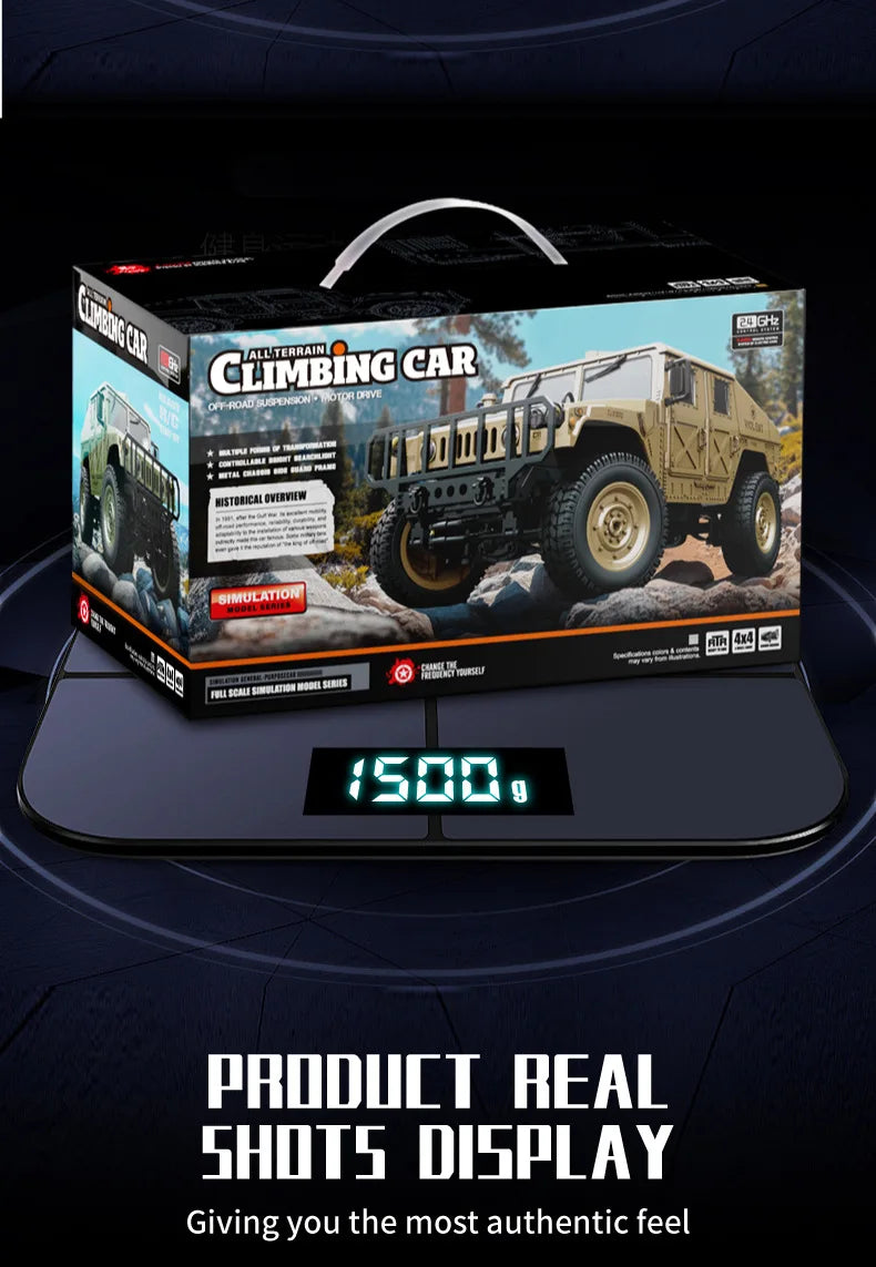 A 1:12 scale 4WD All-Terrain RC Off-Road Climbing Car displayed in its box with a digital weight reading.