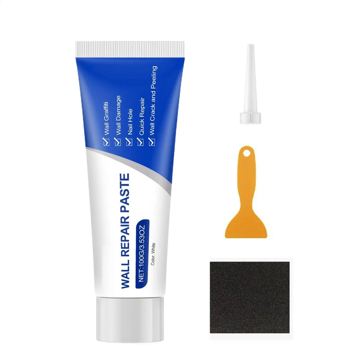 Tube of Wall Repair Paste for drywall repair with a needle applicator and scraper tool