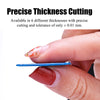 A hand holds a blue guitar pick demonstrating precise thickness cutting.