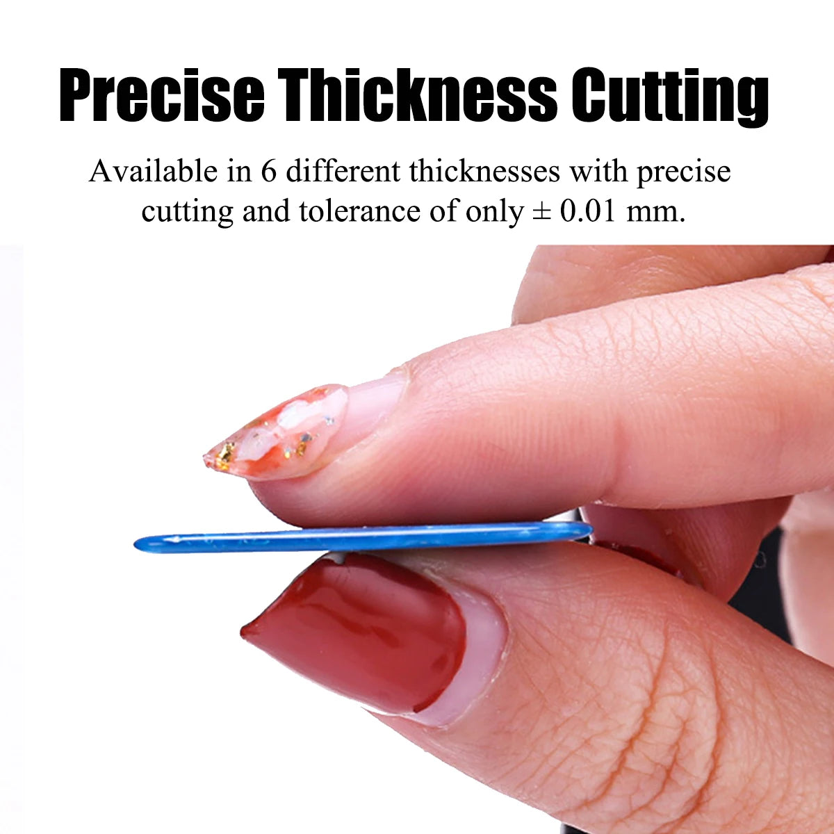 A hand holds a blue guitar pick demonstrating precise thickness cutting.