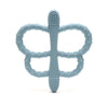 A light blue silicone butterfly teether with a textured top and looped sides.