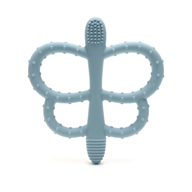 A light blue silicone butterfly teether with a textured top and looped sides.