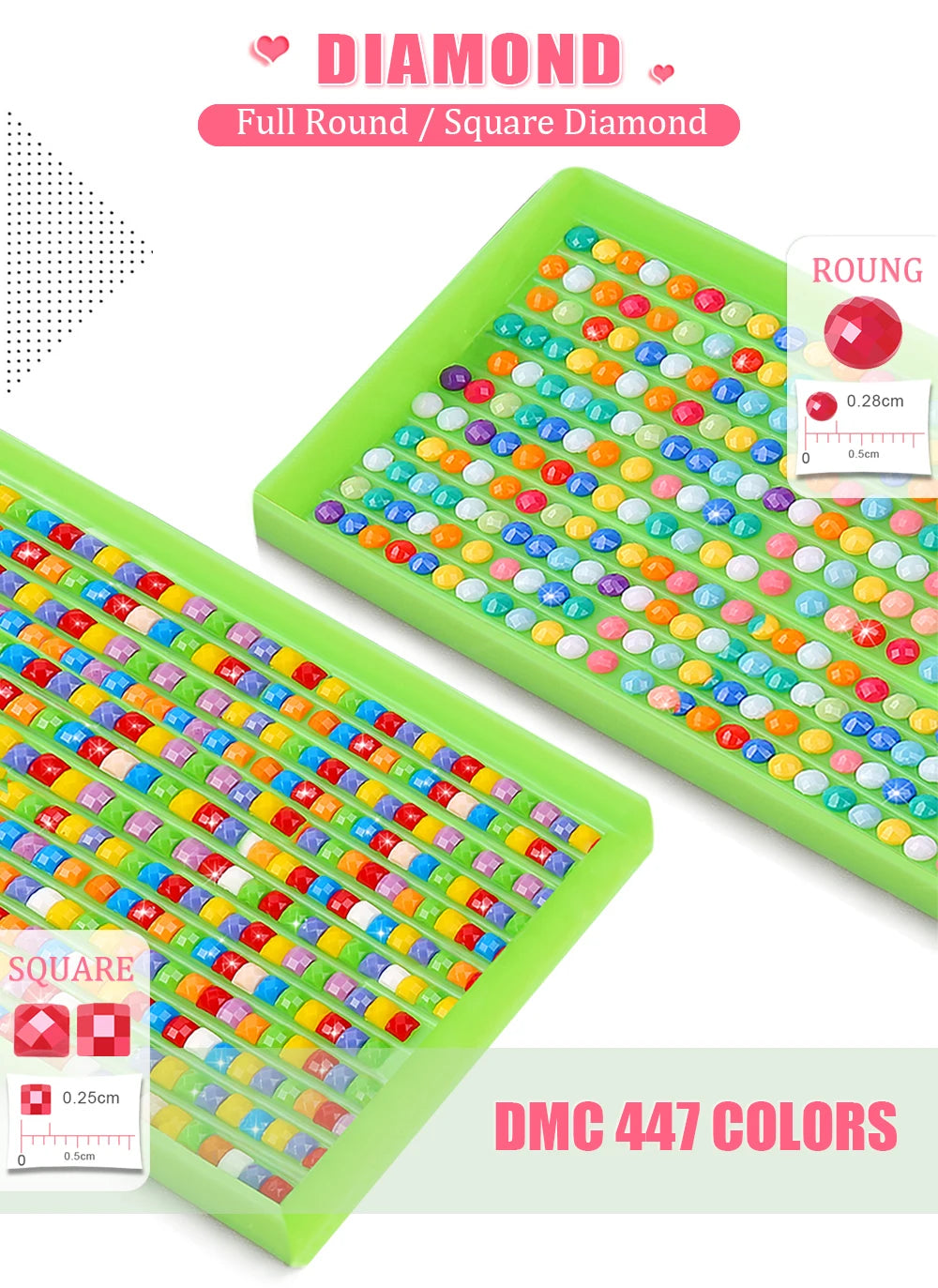 A green tray filled with 447 colored diamonds for a diamond painting kit.
