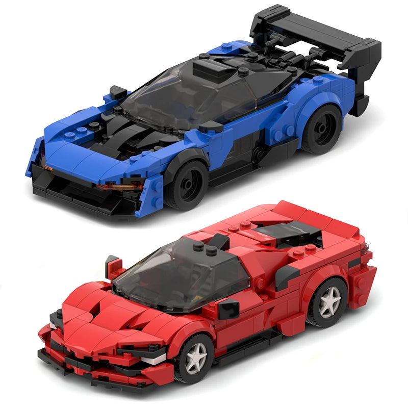 A blue and black classic supercar building blocks set, shown from above and the side.