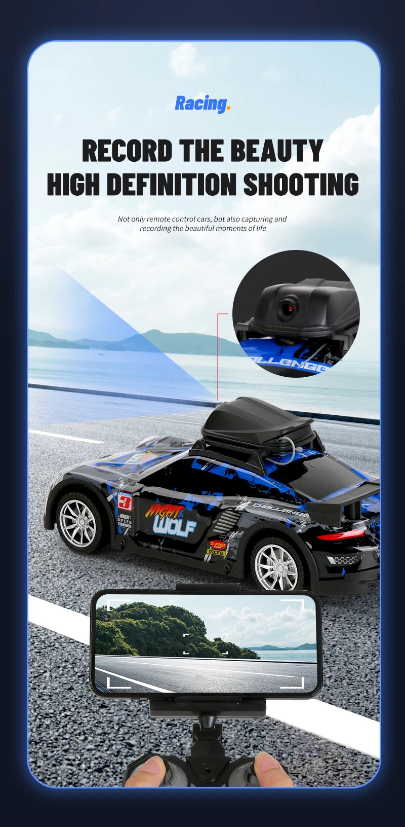 A black remote control car with a mounted HD camera and FPV live view screen is shown on a gray surface.