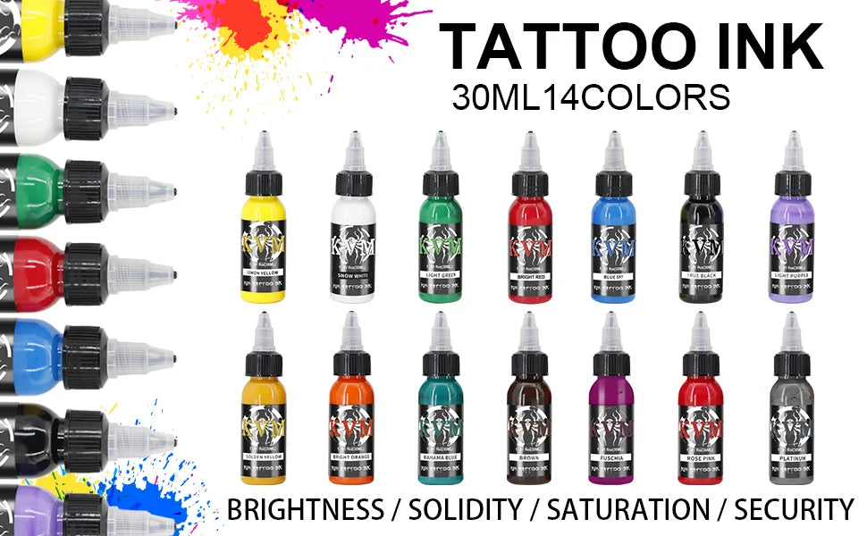 A collection of 14 colors of tattoo ink bottles displayed with black caps and dropper tips.
