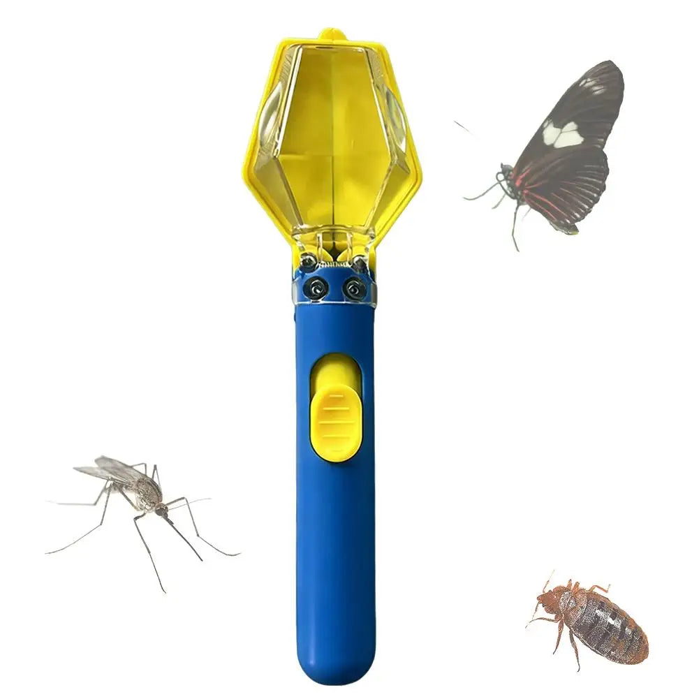 A blue bug catcher with a yellow magnifying viewer and a small insect visible.