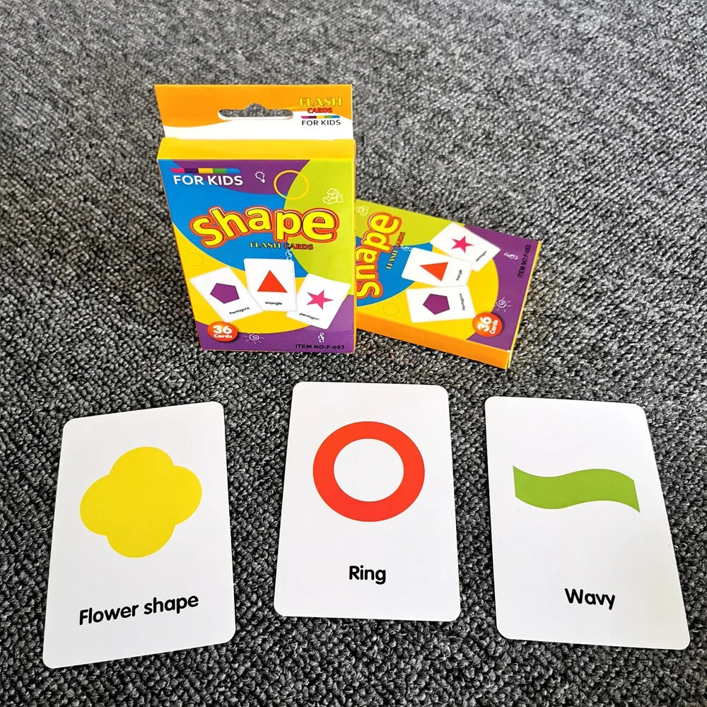 A set of colorful flash cards for kids featuring shapes like flower, ring, and wavy, packaged in bright yellow and orange box