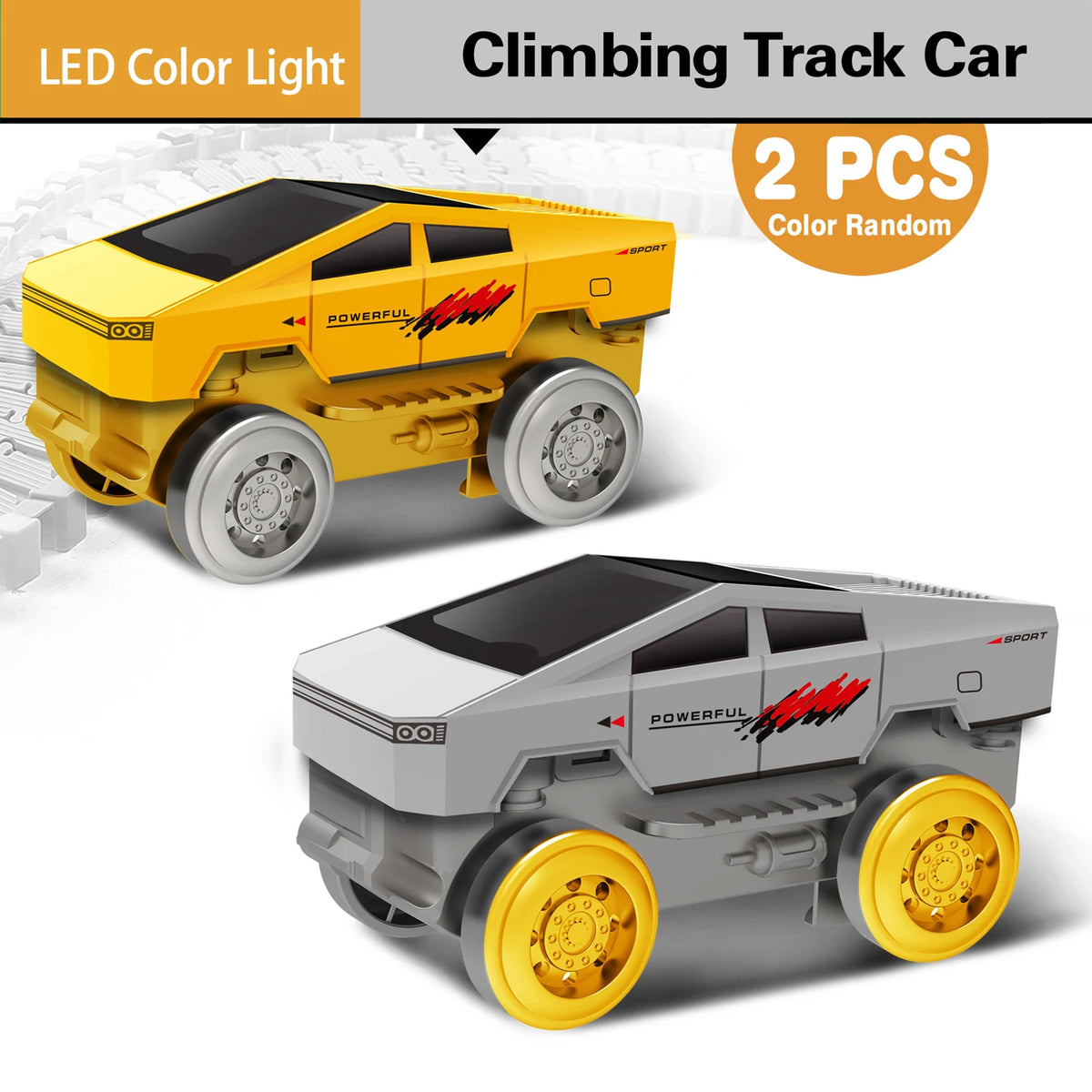 Two yellow and gray climbing track cars with LED lights shown on a surface.