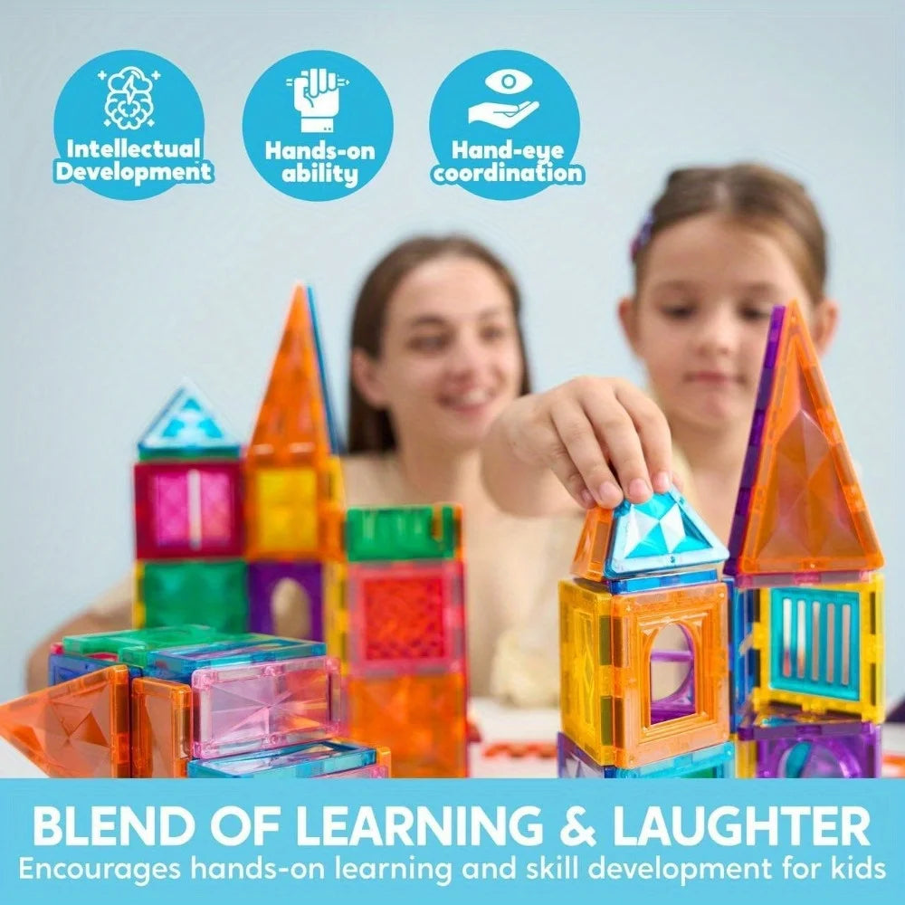 A child and an adult are building a colorful magnetic tile structure together.