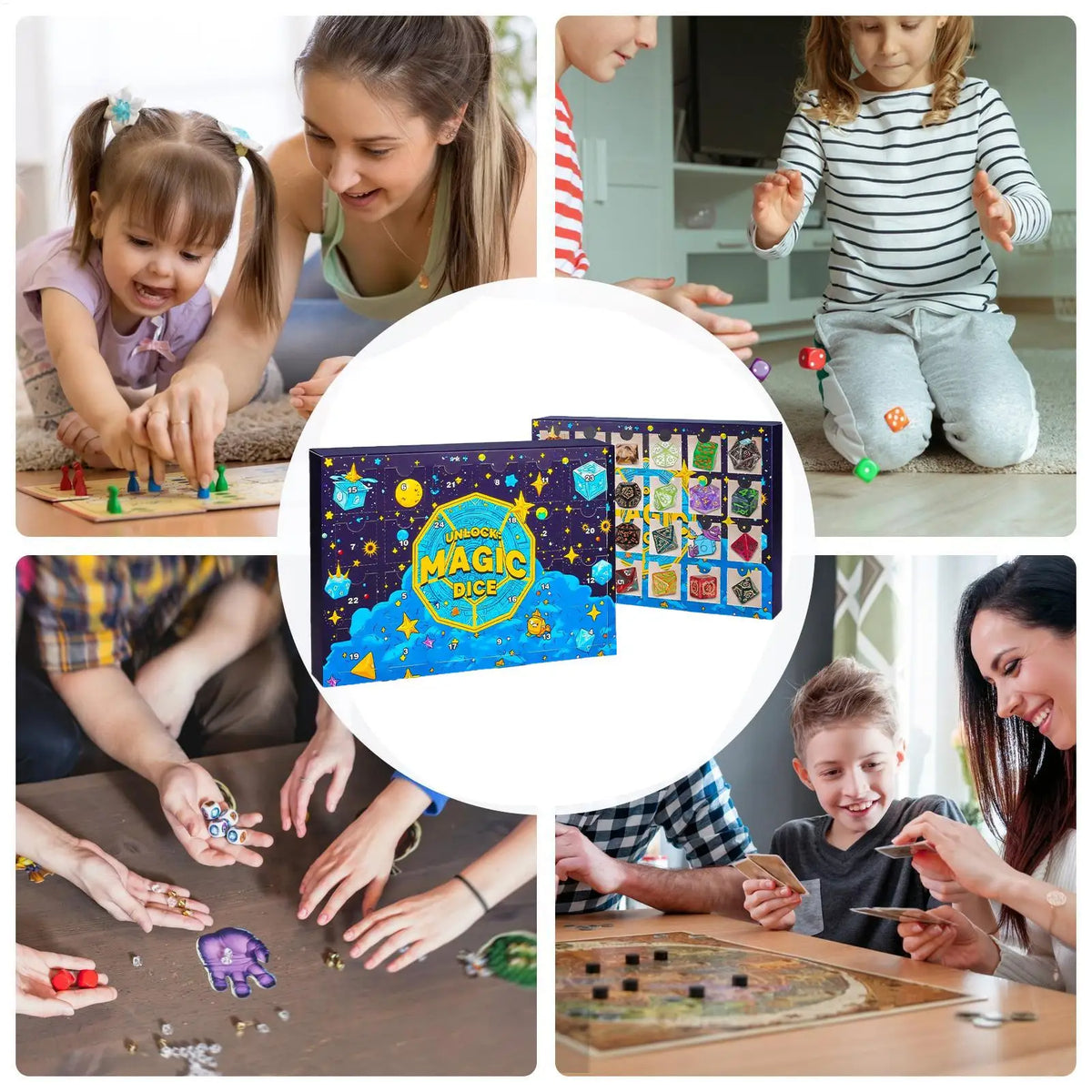 A set of festive dice used for a 24-day holiday countdown family game.