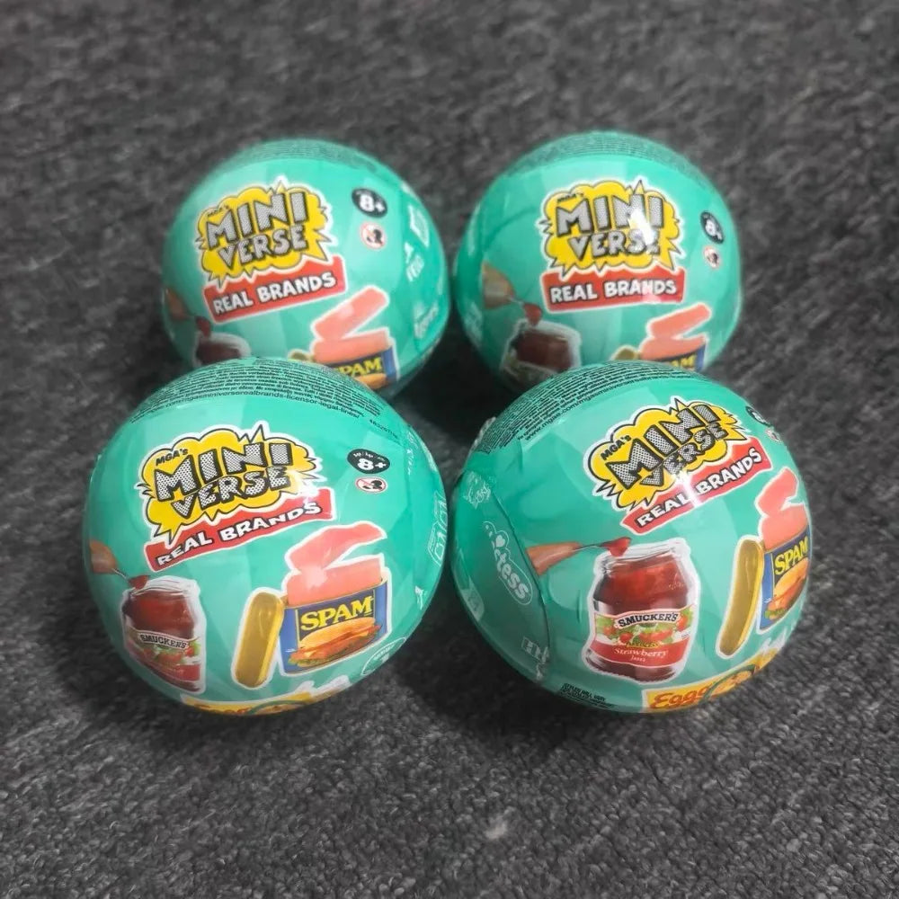 Three green Mini Verse vending machine toys with snack dispensers and surprise balls are displayed on a dark gray surface.