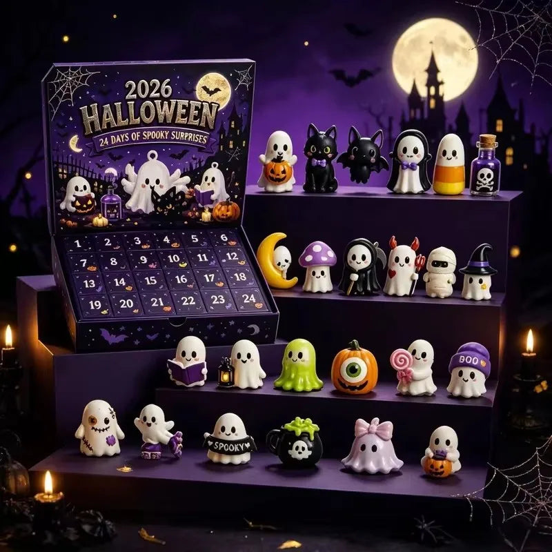 A dark purple Halloween advent calendar box featuring 24 spooky resin ornaments and a full moon backdrop.