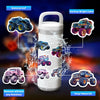 A white waterproof tumbler with various bright colored monster truck cartoon stickers on the exterior.