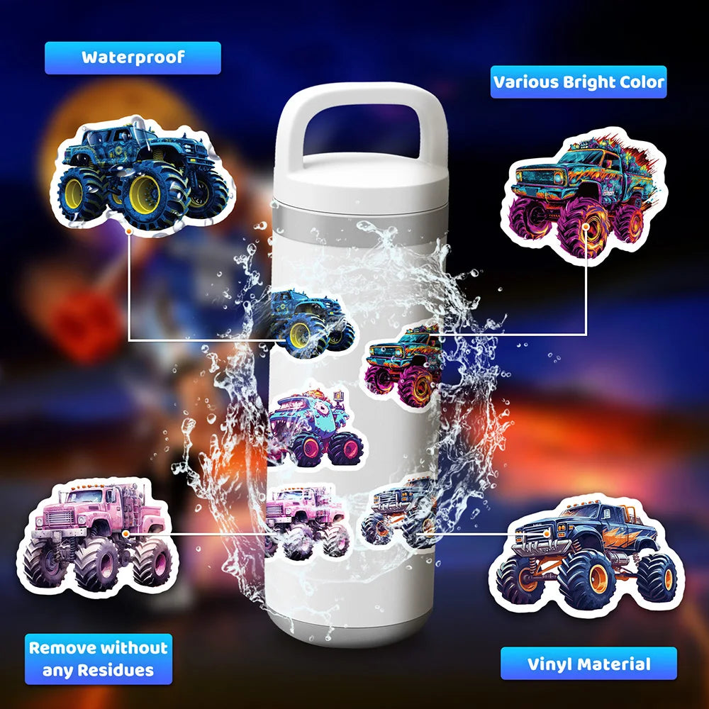 A white waterproof tumbler with various bright colored monster truck cartoon stickers on the exterior.