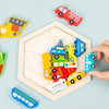 A wooden 3D jigsaw puzzle featuring various colored emergency vehicles and a map outline.