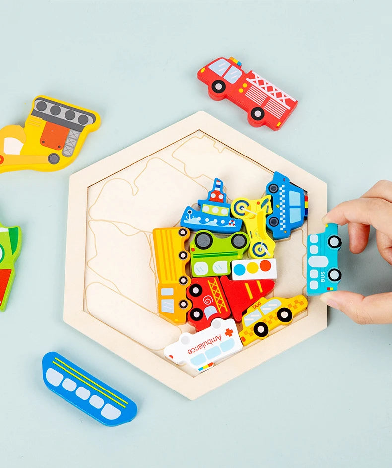 A wooden 3D jigsaw puzzle featuring various colored emergency vehicles and a map outline.