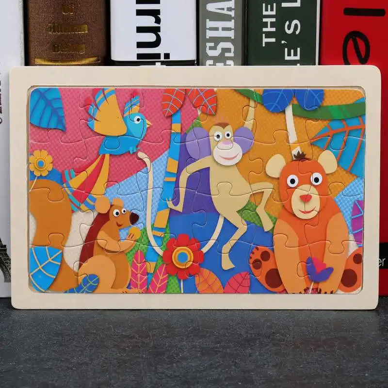 A colorful 24-piece wooden jigsaw puzzle featuring various woodland animals like a bird, monkey, and fox.