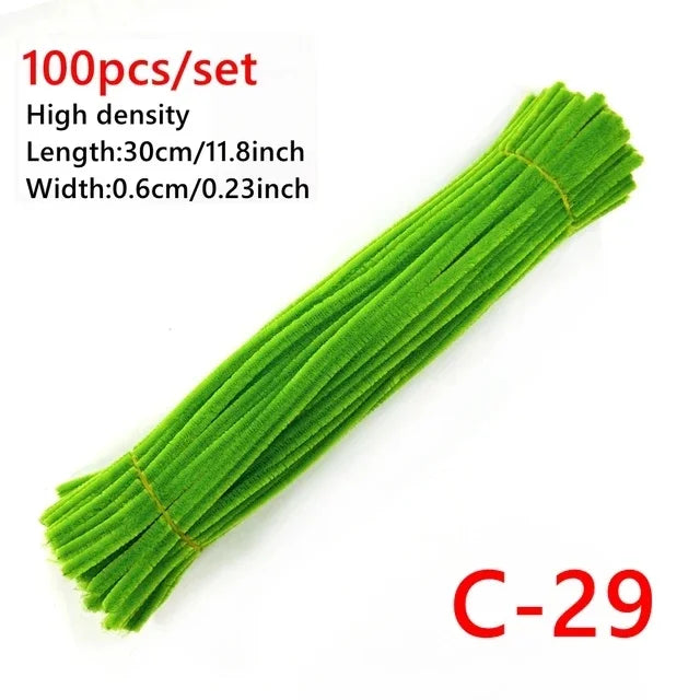 A bundle of 100 green chenille craft sticks, measuring 30cm long and 0.6cm wide.
