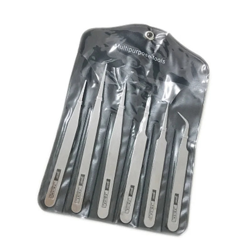 A set of six stainless steel precision tweezers with straight and bent tips packaged in a clear plastic pouch.