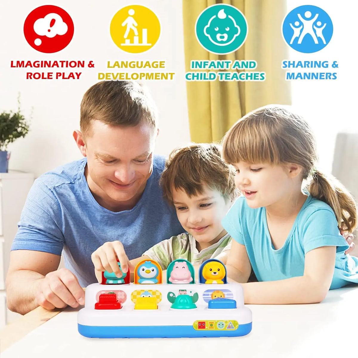 A man and two children interact with a blue Montessori pop-up animal toy for toddlers.