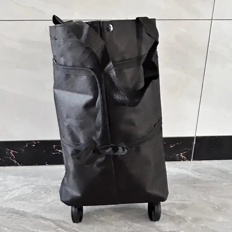 Black foldable portable shopping cart with wheels and backpack straps