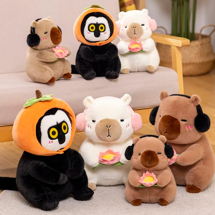 A collection of cute plush toys featuring capybara and bear characters, some holding lotus flowers.