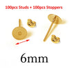 A set of 100 studs and 100 stoppers for DIY jewelry making, measuring 6mm.