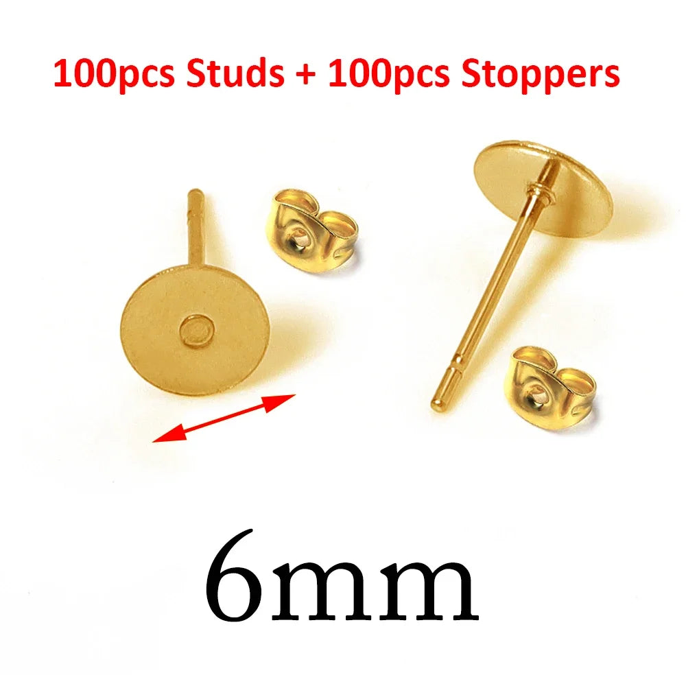 A set of 100 studs and 100 stoppers for DIY jewelry making, measuring 6mm.