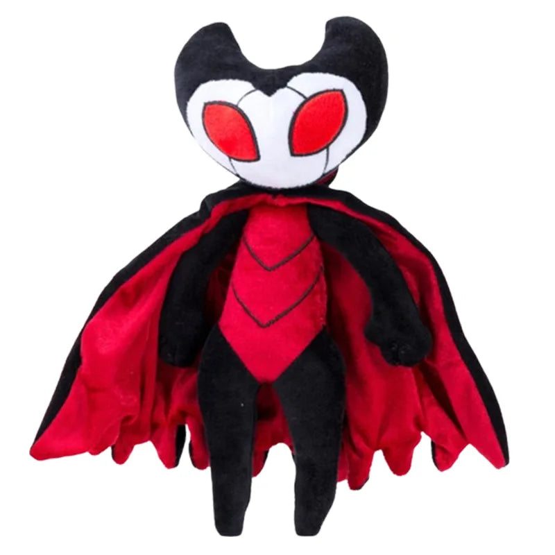 A plush doll of the Hollow Knight Silksong character Sherma with black and red features.
