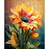 Vibrant oil painting of a large yellow and orange sunflower with a blue center against a dark background.