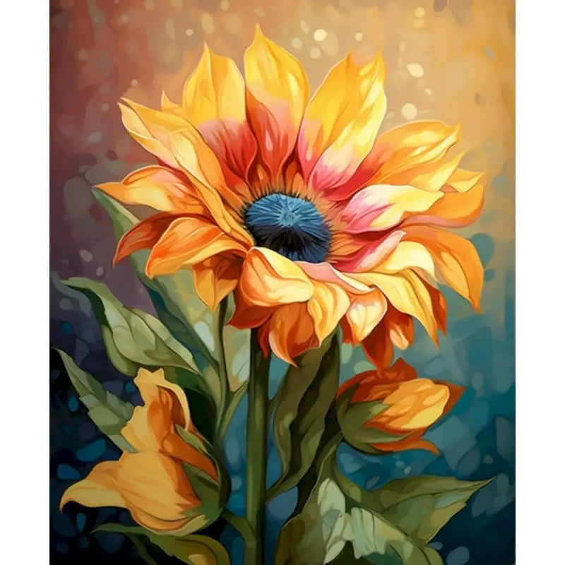 Vibrant oil painting of a large yellow and orange sunflower with a blue center against a dark background.