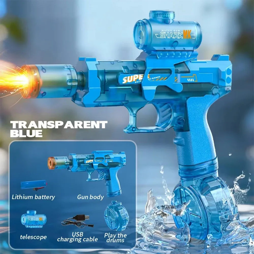 A transparent blue electric water blaster toy gun with a barrel and grip is shown splashing in water.