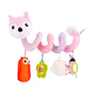 A pink and white spiral sensory rattle toy shaped like a fox, featuring soft textures for babies.