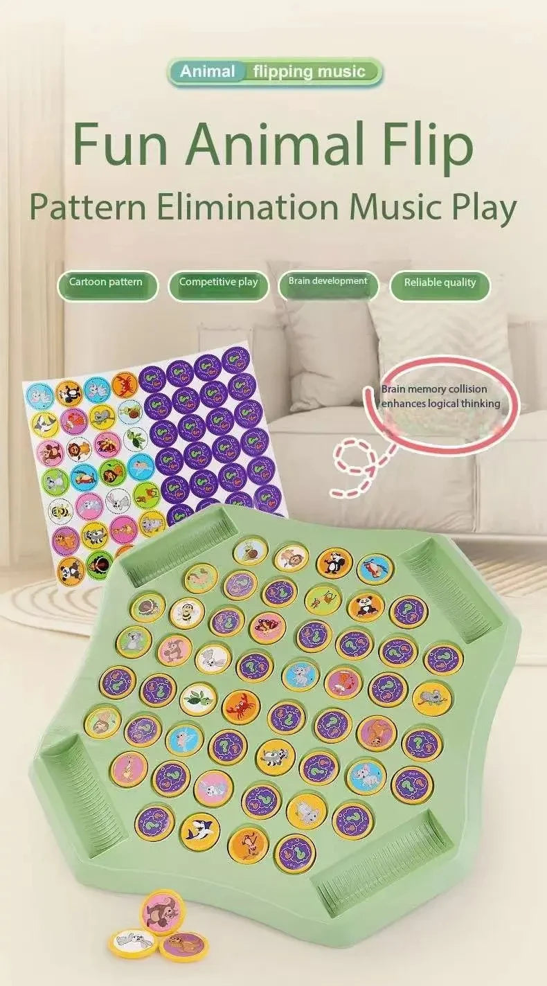 A green flipping puzzle game with colorful animal patterns used for brain development and memory training.