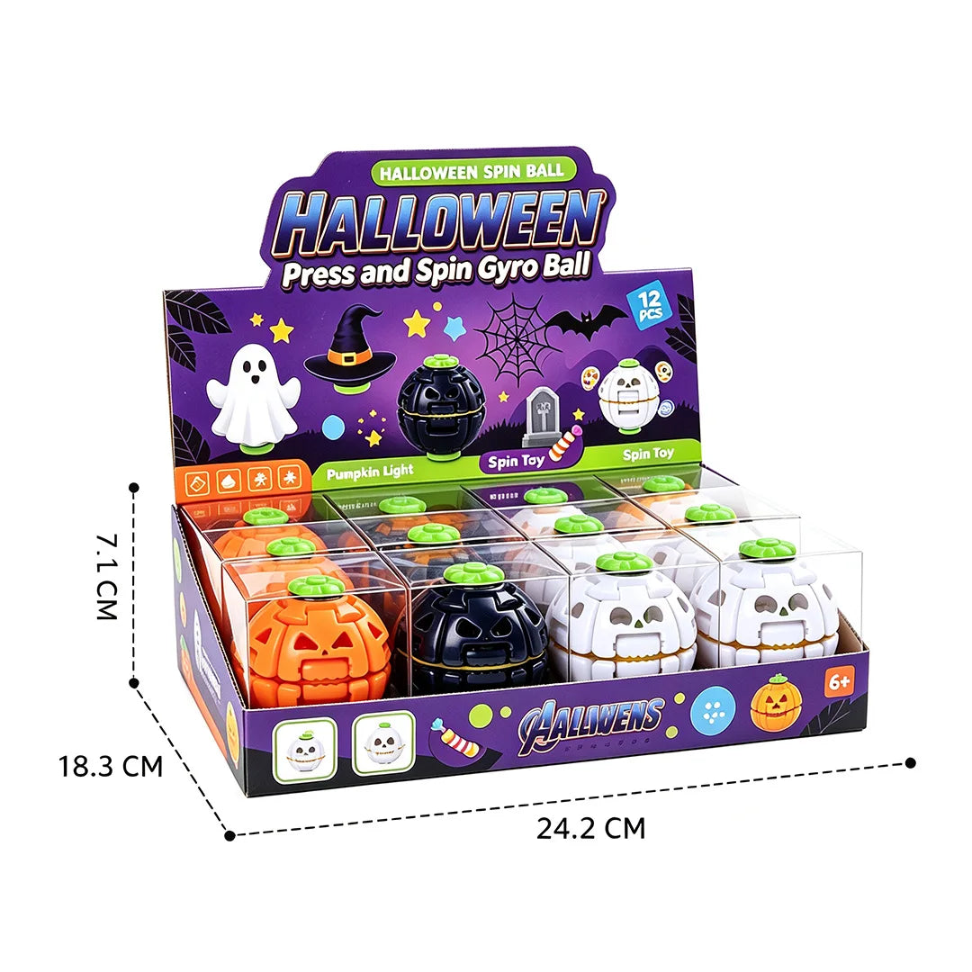 Halloween spin ball set featuring press and spin gyro balls in various colors and shapes for kids
