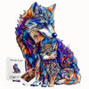 A colorful artistic depiction of a wolf and a fox head used as a wooden jigsaw puzzle.