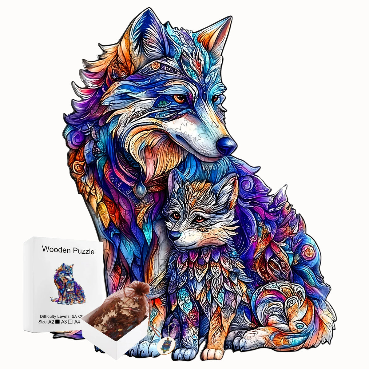 A colorful artistic depiction of a wolf and a fox head used as a wooden jigsaw puzzle.