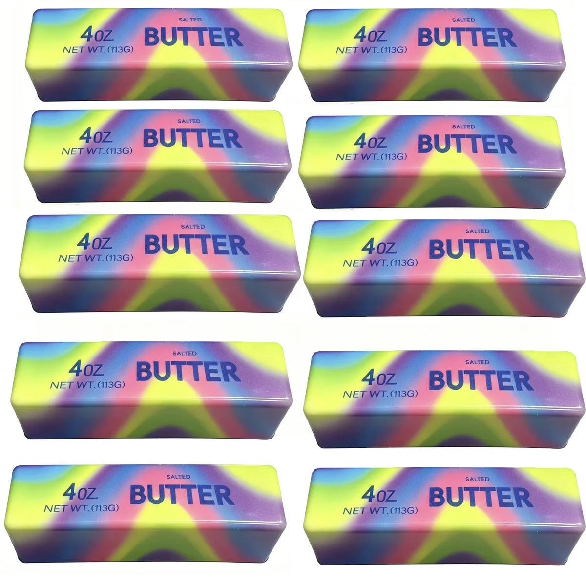 A grid of twelve rectangular butter stick squishy toys in various shades of purple and yellow.