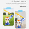 Automatic baseball pitching machine with a yellow bat and balls, shown in both outdoor and indoor settings.