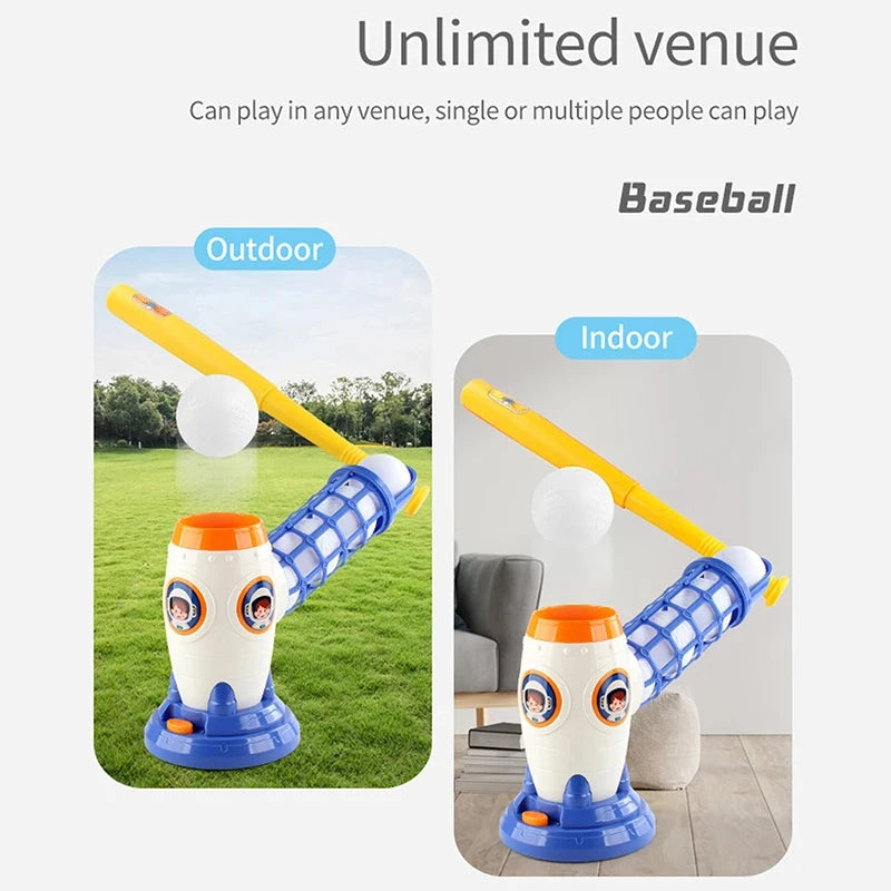 Automatic baseball pitching machine with a yellow bat and balls, shown in both outdoor and indoor settings.
