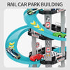A multi-level race car track set featuring a curved track and parking garage structure for building.