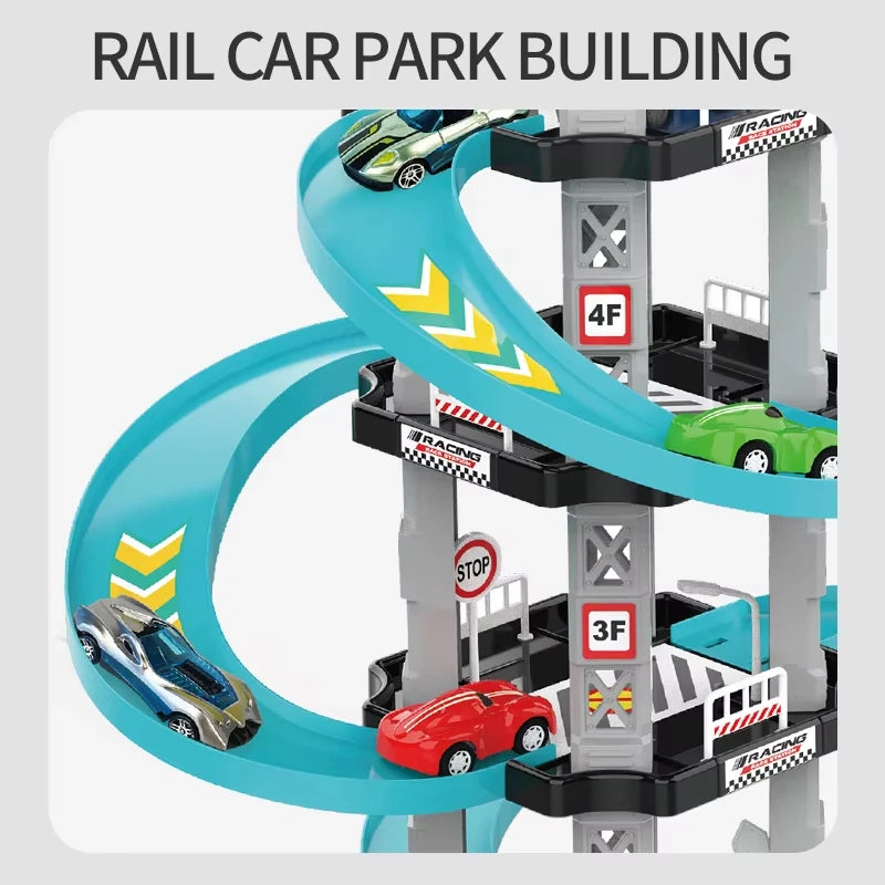 A multi-level race car track set featuring a curved track and parking garage structure for building.
