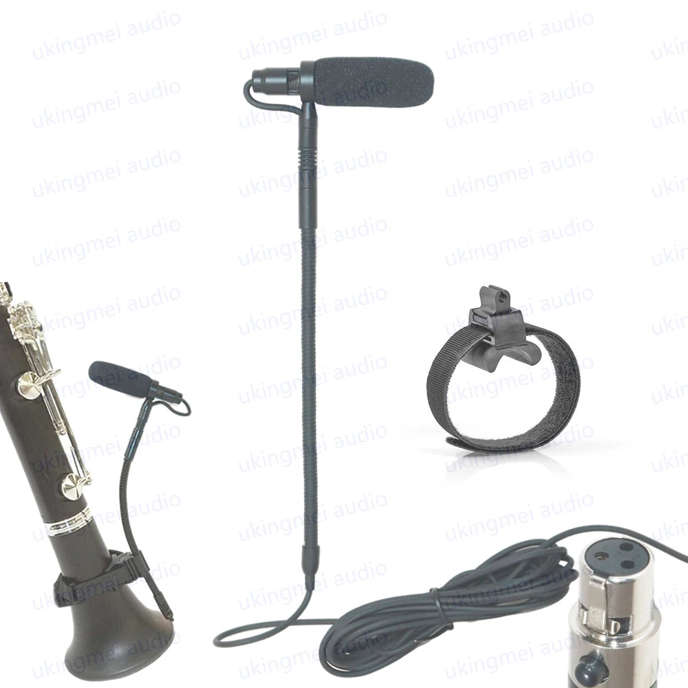A black clip-on condenser microphone with a gooseneck is shown next to an acoustic instrument and a cable.