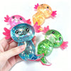 A hand holds several glitter axolotl squishy stress relief toys in pink, orange, and green colors.