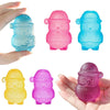 A collection of squishy stress relief toys shaped like Santa bearded figures in various colors including blue pink and yellow