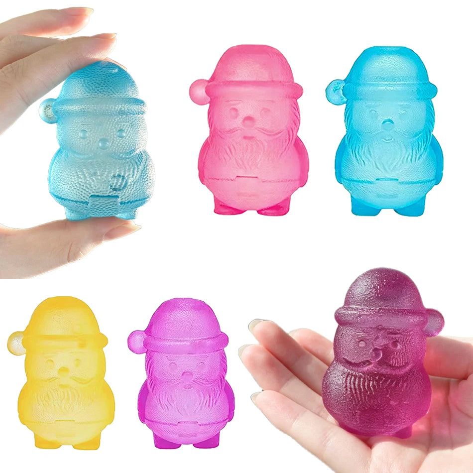A collection of squishy stress relief toys shaped like Santa bearded figures in various colors including blue pink and yellow