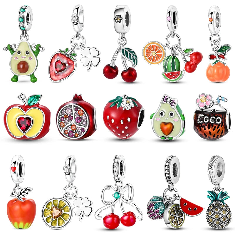 A set of fruit charm beads made of 925 sterling silver with zircon stones, featuring various fruits like avocado, strawberry,
