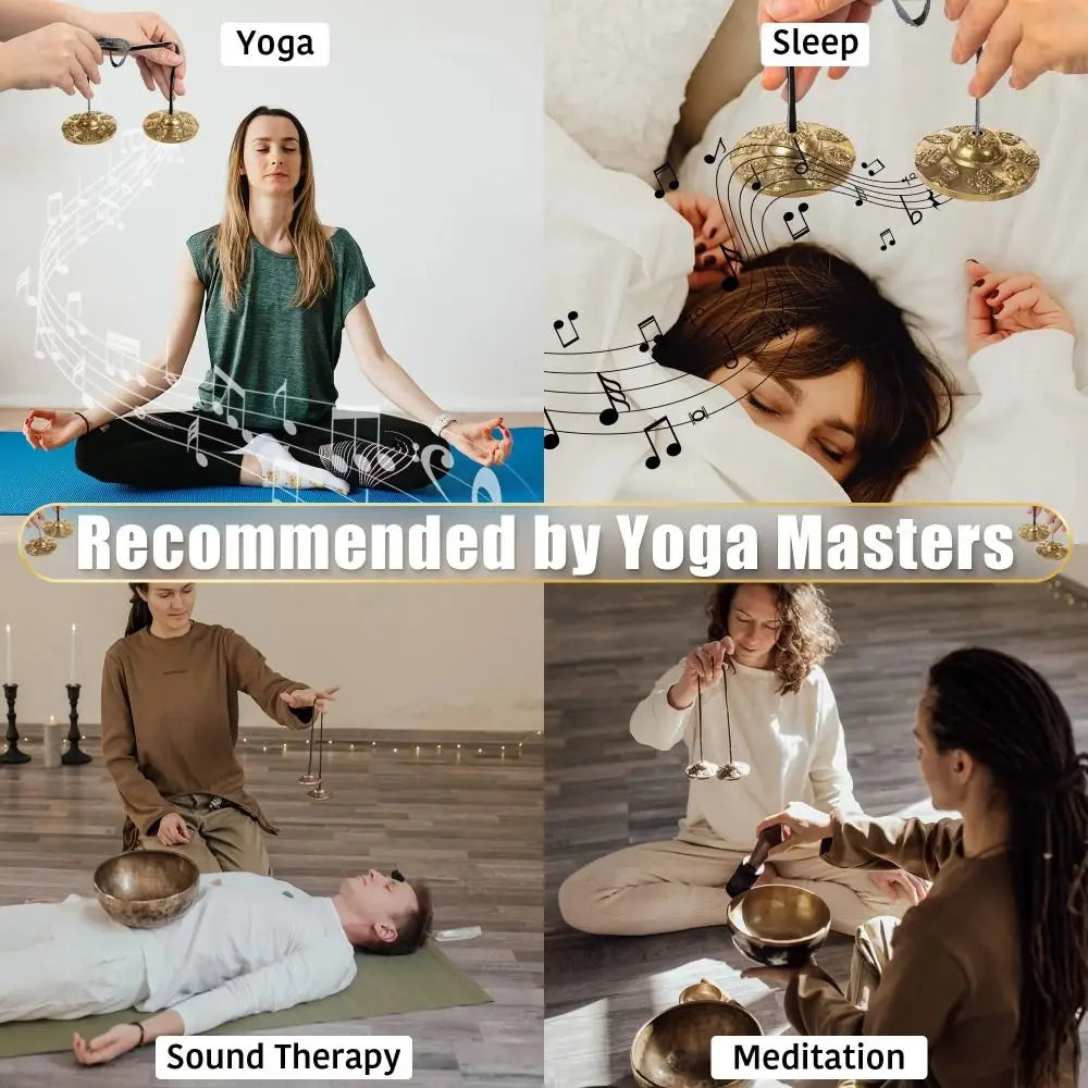 A collage showing yoga poses, sound therapy instruments, and meditation practices recommended by yoga masters.