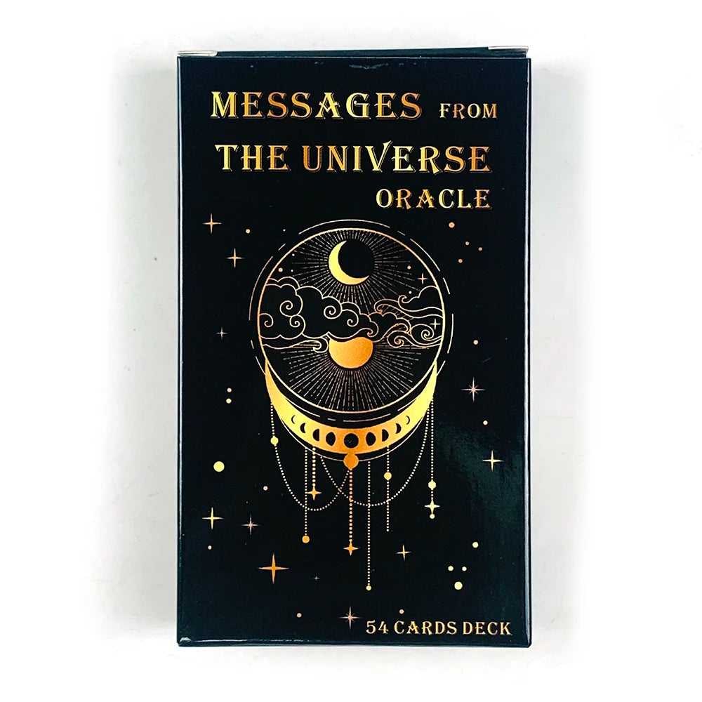 A black box containing a deck of oracle cards titled Messages From The Universe Oracle featuring a crescent moon design.